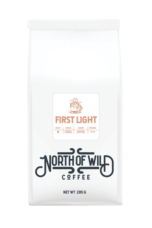 "First Light light roast coffee bag — Ethiopia & Guatemala blend with chocolate and floral notes"