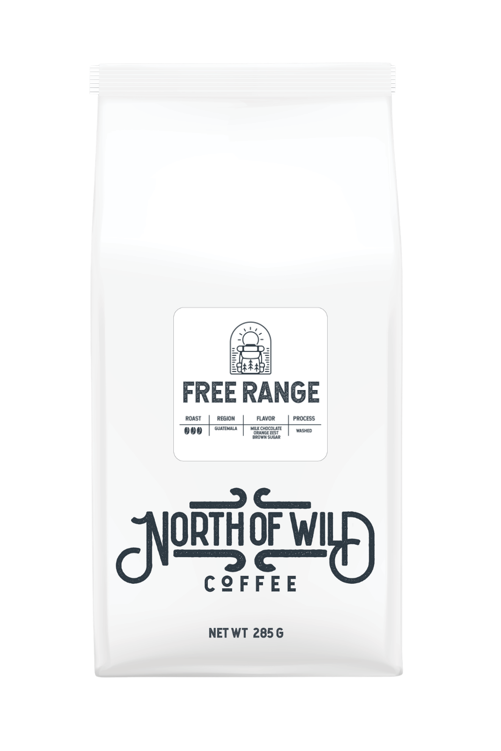 "Free Range medium roast coffee bag — single origin Guatemala with orange zest and milk chocolate notes"