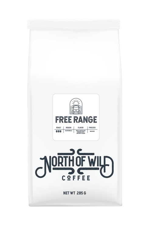 "Free Range medium roast coffee bag — single origin Guatemala with orange zest and milk chocolate notes"
