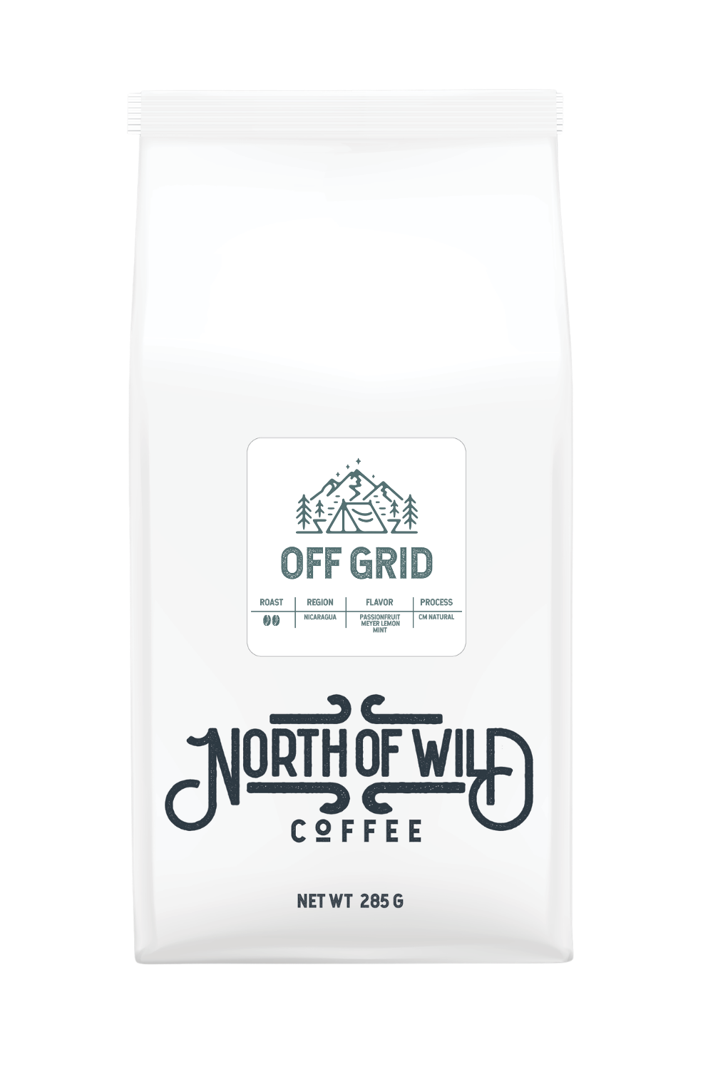 "Off Grid light-medium roast coffee bag — single origin Nicaragua with passionfruit and Meyer lemon notes"