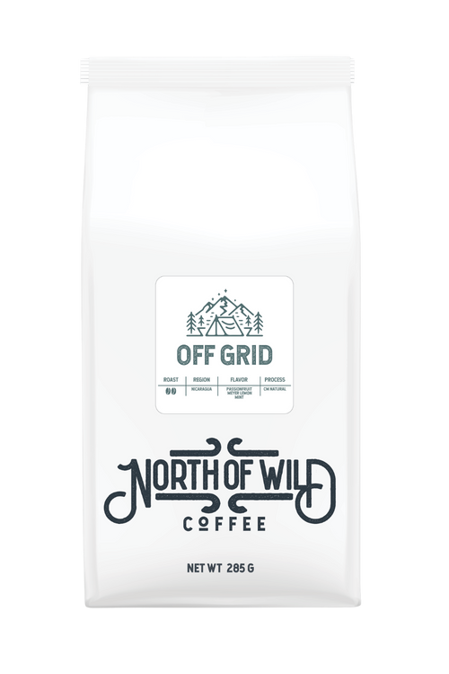 "Off Grid light-medium roast coffee bag — single origin Nicaragua with passionfruit and Meyer lemon notes"