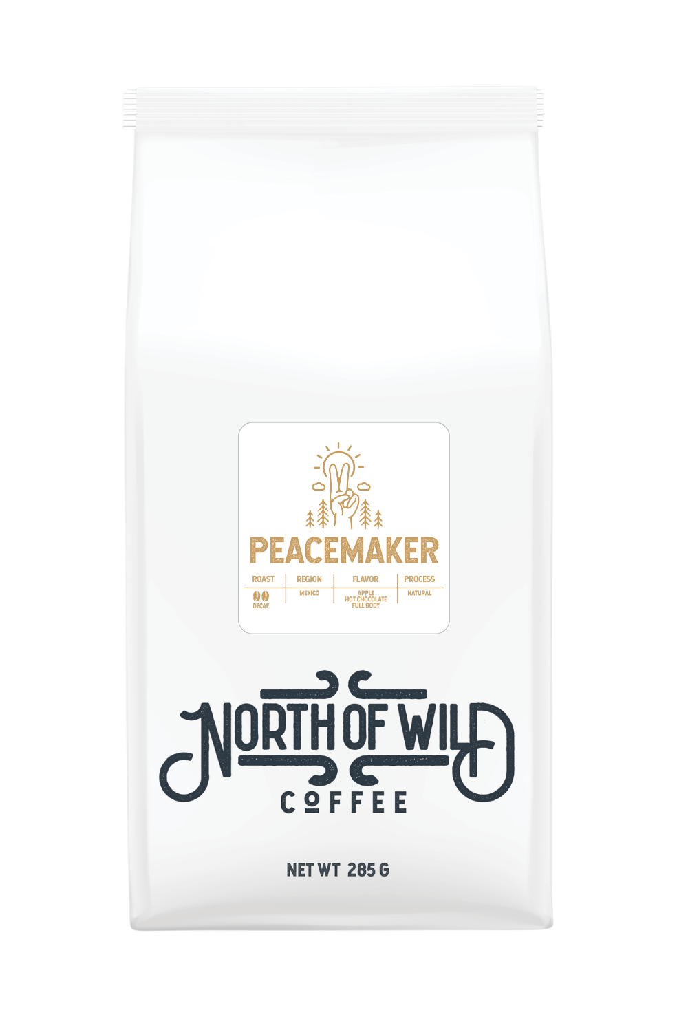 "Peacemaker light-medium roast decaf coffee bag — single origin Mexico with apple and hot chocolate notes"