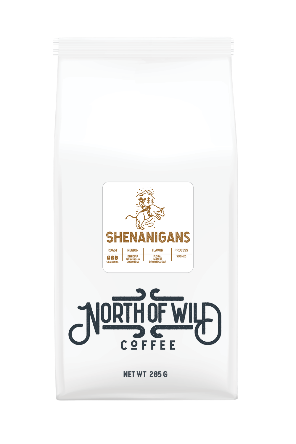"Shenanigans medium roast coffee bag — Ethiopia, Nicaragua & Colombia blend with floral, mango and brown sugar notes"