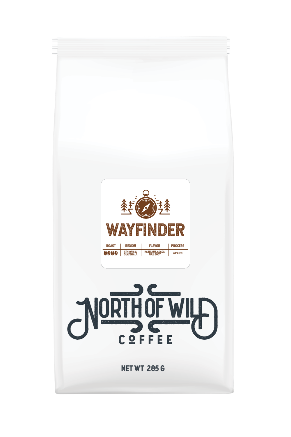 "Wayfinder dark roast coffee bag — Ethiopia & Guatemala blend with hazelnut and cocoa notes"